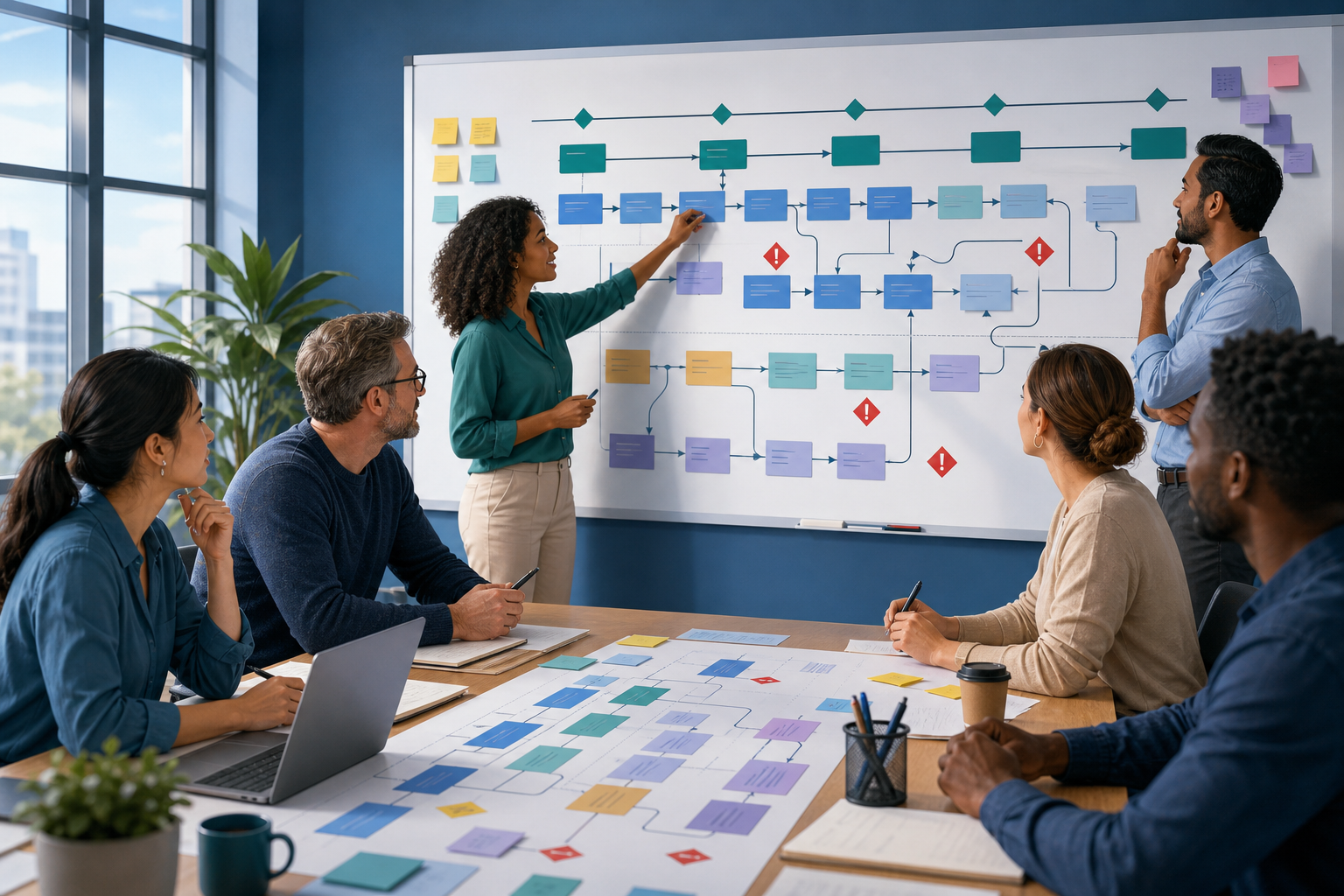Project team building a delivery plan with milestones and dependencies